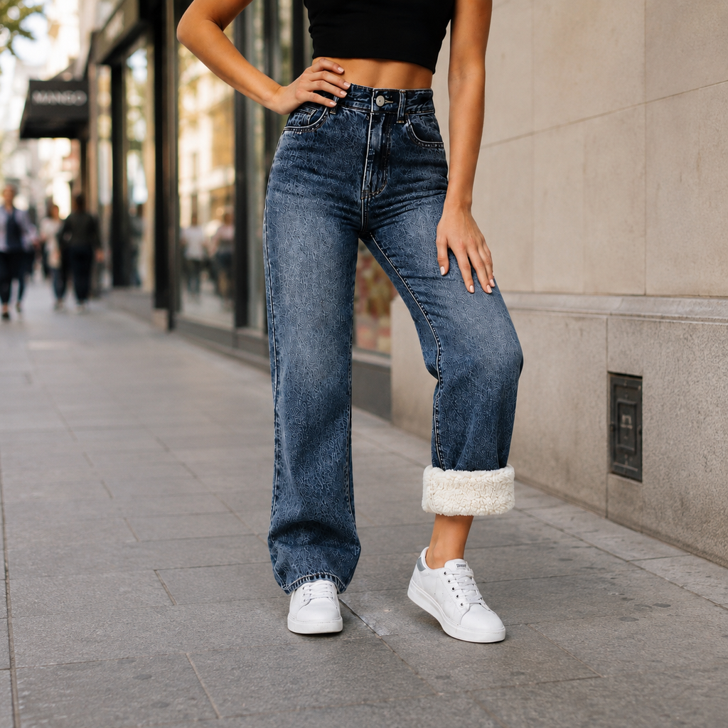 Jeans d'hiver doublé polaire - taille haute & coupe large