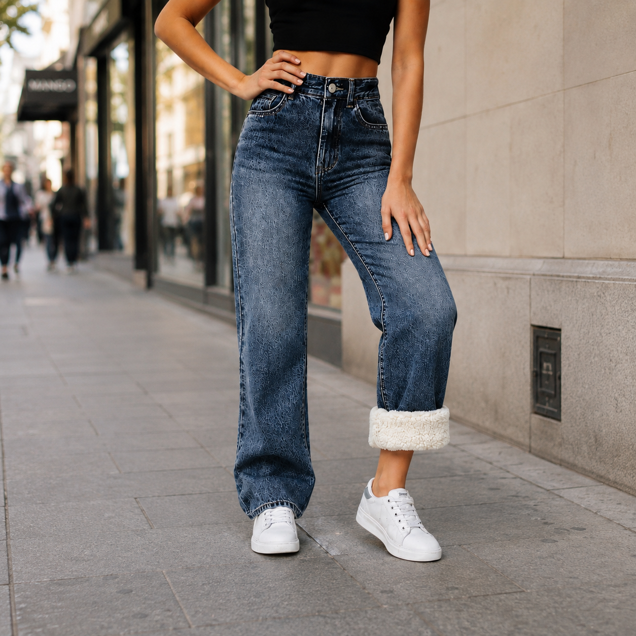 Jeans d'hiver doublé polaire - taille haute & coupe large